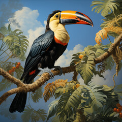Obraz premium A toucan perched on a branch amidst a dense lush tropical foliage, exotic bird art