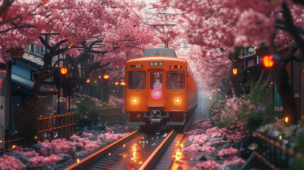Obraz premium Japanese local train through cherry blossom trees, sakura season, Japan, Kyoto.