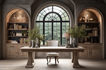Fototapeta na wymiar Elegant Home Interior: Reclaimed Wood Desks, Arch Doorway, Chic D�cor Marvel