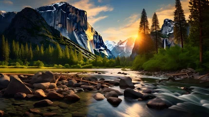 Foto op Canvas A panoramic view of the mountain river at sunset. Taken in Glacier National Park, Montana. © Iman