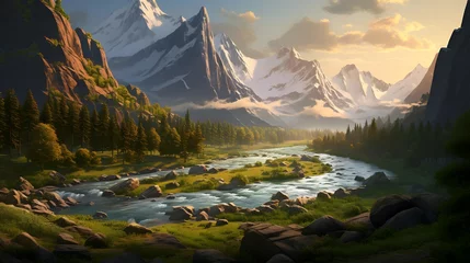 Poster Mountain landscape. Panoramic view of the river and the mountains. © Iman