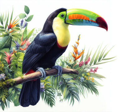 A toucan perched on a branch amidst a dense lush tropical foliage, exotic bird art