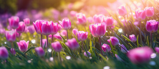 pink tulips flowering under sunlight at summer or spring day landscape. Natural view of tulip flowers blooming in the garden