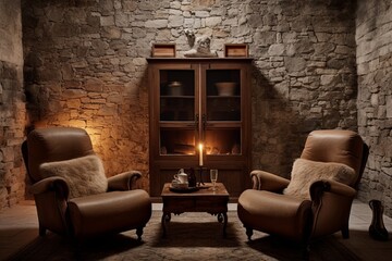 Elegant Room Design: Rustic Stone Oven Beside Leather Armchairs