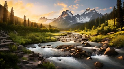 Mountain landscape with river and forest at sunset. Panorama.