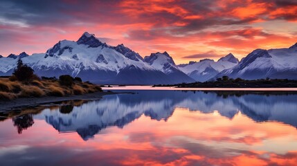 Beautiful panoramic landscape of New Zealand alps and lake