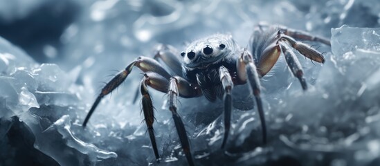 Fototapeta premium A close-up view of a spider crawling on ice, showcasing the intricate details of the ice texture and the spiders movements as it navigates the frozen surface.