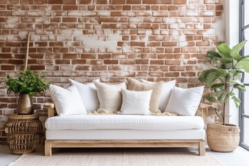 Exposed Brick Wall & White Sofa: Scandinavian Boho Room Design