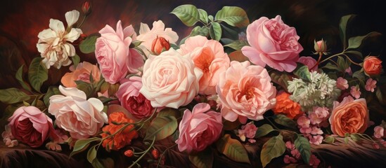 A painting featuring a variety of pink and red flowers in full bloom, set against a dark black background. The flowers, including roses and other vibrant blooms, stand out boldly against the stark