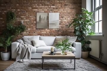 Exposed Brick Wall Scandinavian Living Room with White Furniture & Green Plants