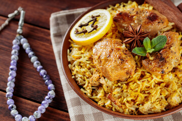 Authentic Chicken Biryani with with Spices in Bowl, Ramadan Food