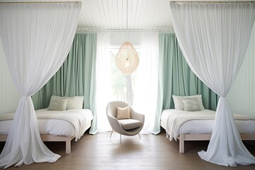 Fairy-Tale Canopy Beds: Scandinavian Bedroom with White Drapes & Mint Green Pillows