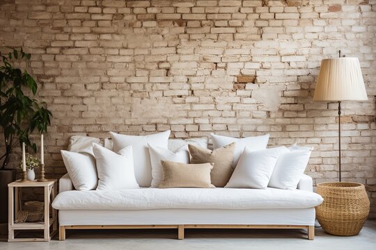Exposed Brick Wall & White Sofa: Scandinavian Boho Room Design