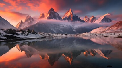 Mountains reflected in the water at sunset. Panoramic view