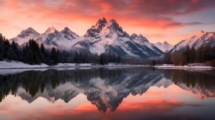 Panoramic view of the alps at sunset with reflection in the lake