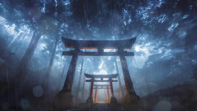 Silhouette of shrines in rainy forest at night - wide shot