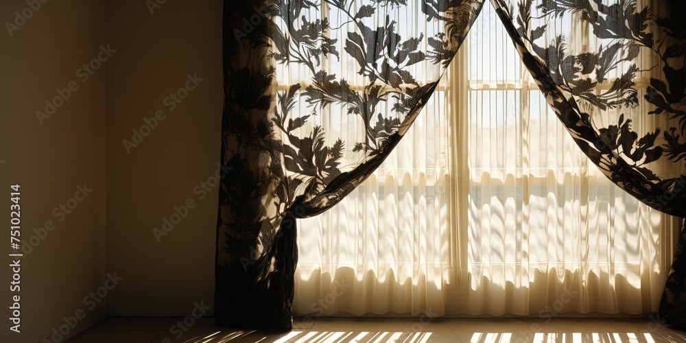 Poster intriguing shadow patterns cast on stylish curtains by sunlight filtering through a window
