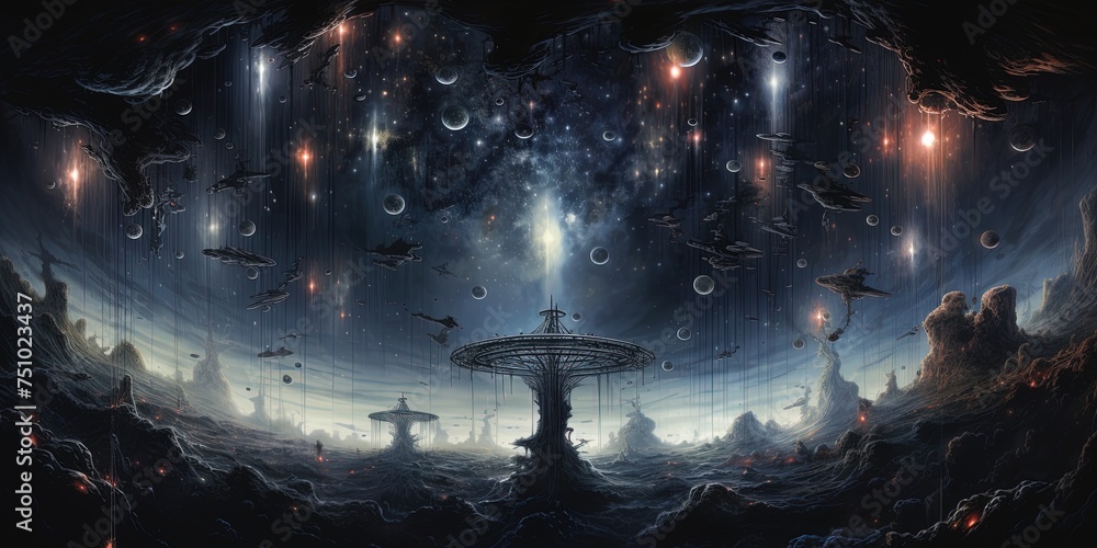 Poster extra terrestrial canopy embellished with a multitude of space elements, forming a cascade of reacti