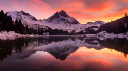 Foto auf Glas Panoramic view of snow capped mountains reflected in lake at sunset © Iman