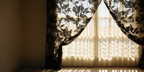 Intriguing shadow patterns cast on stylish curtains by sunlight filtering through a window