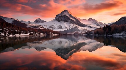 Panoramic view of a mountain lake at sunset with reflection in the water