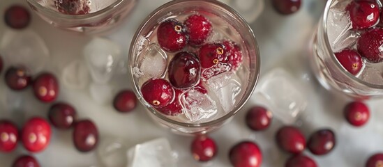 Glasses filled with cranberries and ice cubes sit on a wooden table, ready to be served as a refreshing cranberry infused water.