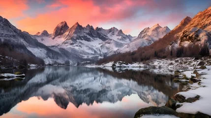 Cercles muraux Montagnes Panoramic view of snow capped mountains reflected in a lake at sunrise