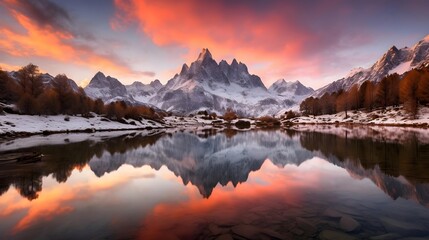 Mountain lake panorama at sunset. Beautiful winter landscape with snow-capped peaks.