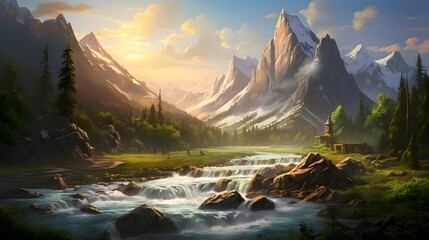 Mountain landscape panorama with river and mountains in the background. - obrazy, fototapety, plakaty