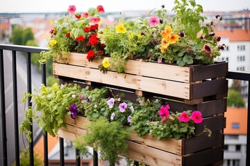 Fototapeta na wymiar Farmhouse-Inspired Urban Garden: Wooden Crate Balcony Decor with Colorful Flowers