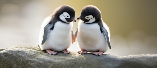Two penguins are standing on a large rock, their black and white feathers contrasting against the gray stone. They appear to be observing their surroundings, possibly looking for their next meal or