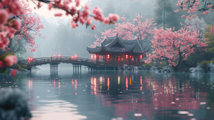 Japan rural scene with cherry blossoms and a traditional bridge.