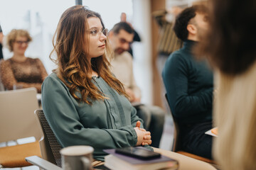 Attentive young adult with long hair and glasses engaged in learning at a professional business...