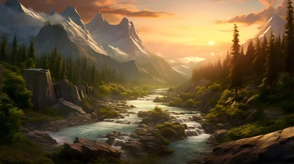 Zelfklevend Fotobehang Panoramic view of a mountain river at sunset. Panoramic mountain landscape © Iman