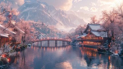 Japan rural scene with cherry blossoms and a traditional bridge. - obrazy, fototapety, plakaty