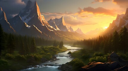 Panoramic view of a mountain river at sunrise in the mountains