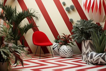 Geometric Retro Red and White Wallpaper with Desert Plant and Rug Accents in Studio