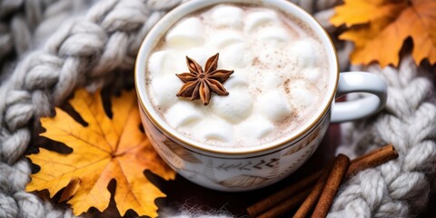 a cup of hot chocolate with marshmallows and star anise