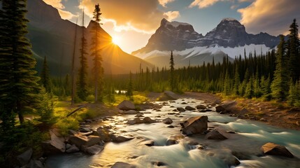 Panoramic view of a mountain river in Glacier National Park, Montana - obrazy, fototapety, plakaty