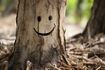 a tree trunk with a smiley face carved into it