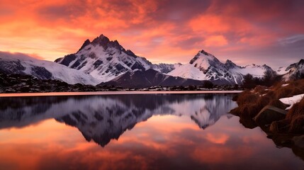 Fototapeta na wymiar Panoramic view of snowy mountains reflected in the water at sunset