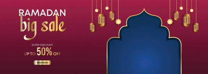 Ramadan Kareem Web Background Super Sale Banner with Podium for Display of product. Ramadan Mega Big Sale Promotion Poster and Social Media Post. Islamic Special Offer Promotion Banner Design Template