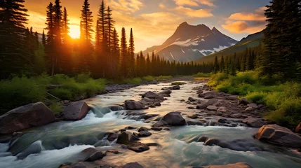  Panoramic view of a mountain river at sunset. Mountain landscape. © Iman