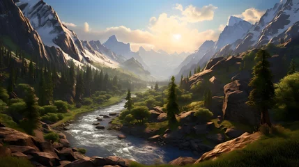 Zelfklevend Fotobehang Panoramic view of a mountain river in the mountains at sunset © Iman