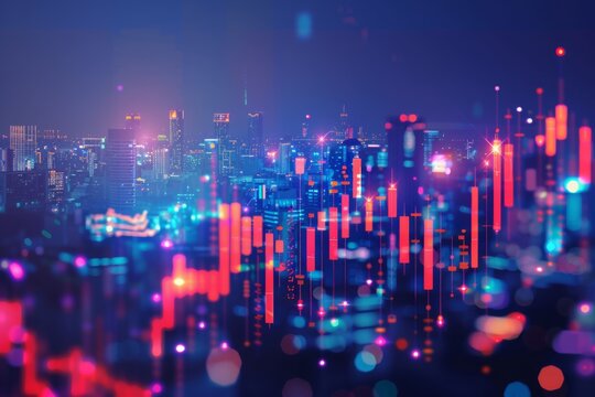 Glowing forex candlestick chart with big data on blurry city background. Financial graph diagram for stock market investment trading, analysis, and economic growth. Concept for business, finance