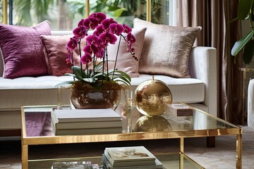 Glam Living Room: Lush Fern and Orchid Displays with Orchids in Gold Vase on Glass Coffee Table