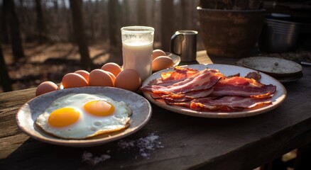 eggs and bacon on plates next to eggs and milk
