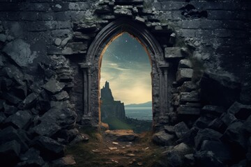 a stone arch with a view of a mountain and sky