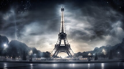 Eiffel tower in Paris at night. Panoramic view.