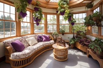 Coastal Sunroom Delight: Grape and Vine-Themed Decor with Grapevine Planters, Vine-Patterned Rug, and Wooden Seating